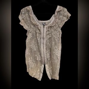 Vintage Free People sheer lace double zip ruffle shirt blouse top women’s Small